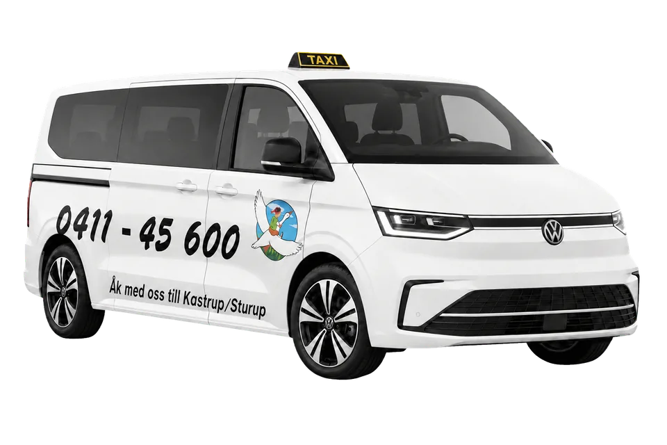 Vit Volkswagen Caravelle med Skurups Taxis fågellogotyp och taxiskylt